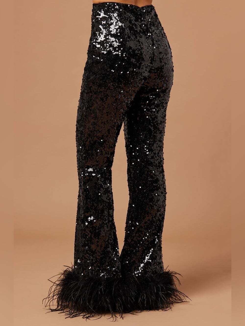 NEW Main Strip Medium Black Sequin Feather-Hem Wide-Leg Pants